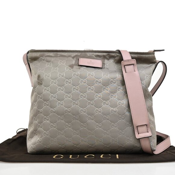 GUCCI Logo GG Pattern Shoulder Bag Nylon Leather Gray Pink SHW Italy - Picture 1 of 5